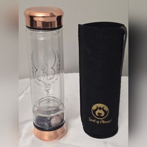 READ Phoenix Crystal Water Bottle Tea Infuser Rose Gold Dbl Wall Glass W/Sleeve